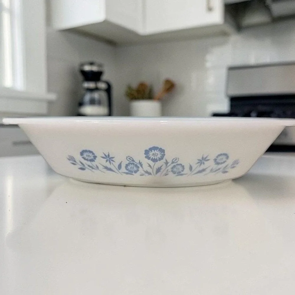Glasbake Blue Cornflower Divided Casserole Dish, Vintage Milk Glass Bakeware‎